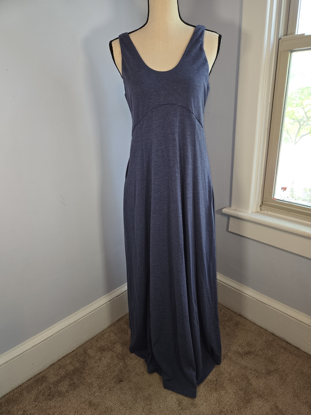 Halara U Neck Low Back Split Flowy Maxi Tank Dress Heather Blue Medium Boho